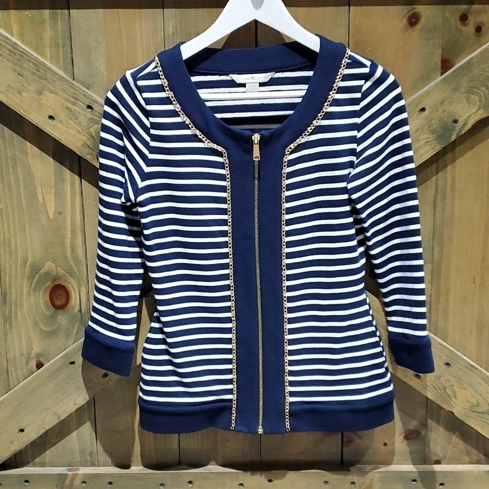 BOSTON PROPER STRIPED ZIP UP CARDIGAN W GOLD CHAIN TRIM NAUTICAL COASTAL SIZE XS